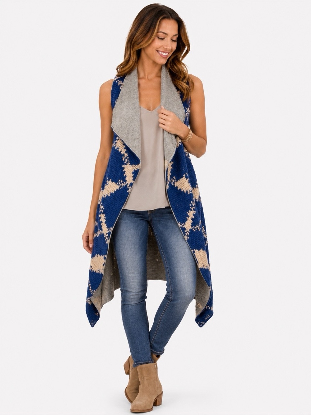 Anthro Tabitha Blue Cream Longline Open Front Duster Vest Cardigan w Pockets S
